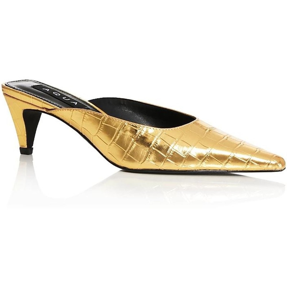 AQUA Women Gold Croc Embossed Pointed Toe Kitten Heel Mules Size‎ 6